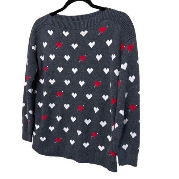Loft Heart Print Boatneck Sweater Womens MP Medium Petite Gray 3/4 Sleeve - Picture 2 of 6